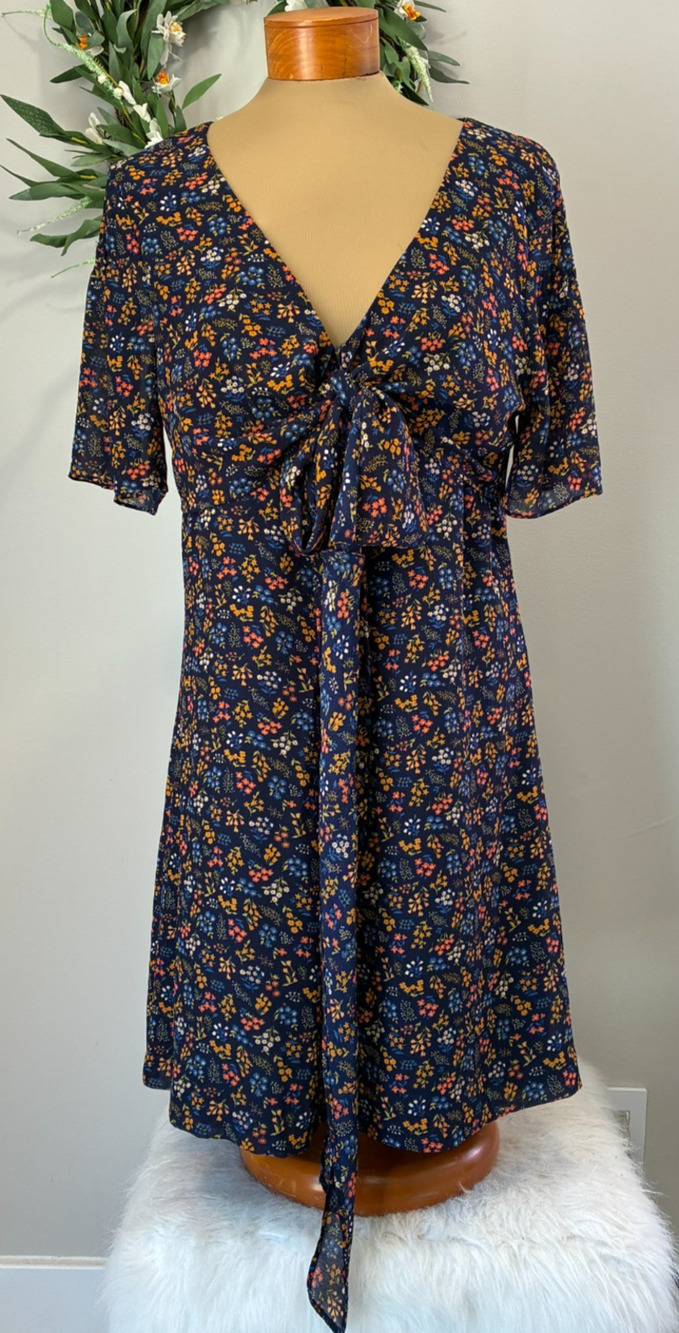 Madewell Blue Floral Dress Tie Front V-Neck Summer Casual Cottagecore, Size 12